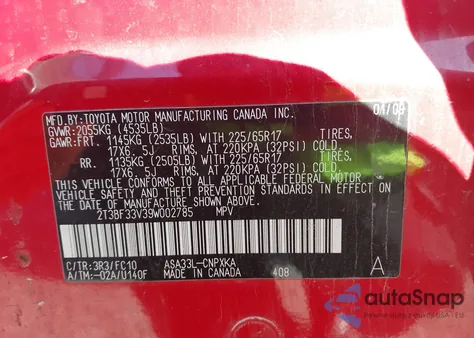 2009 Toyota Rav4 z USA, uszkodzony, nr VIN 2T3BF33V39W002785